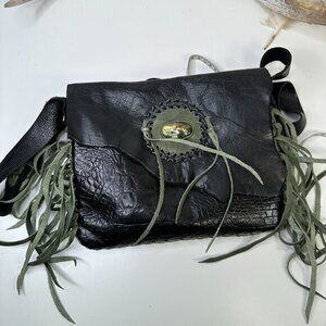 FPP Handmade Black Genuine Leather Crossbody Purse Boho Western Fringe Stone